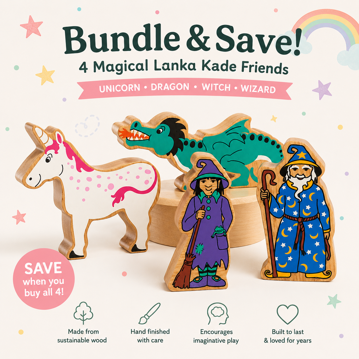 Lanka Kade Mythical Wooden Toy Bundle – Dragon, Unicorn, Witch & Wizard