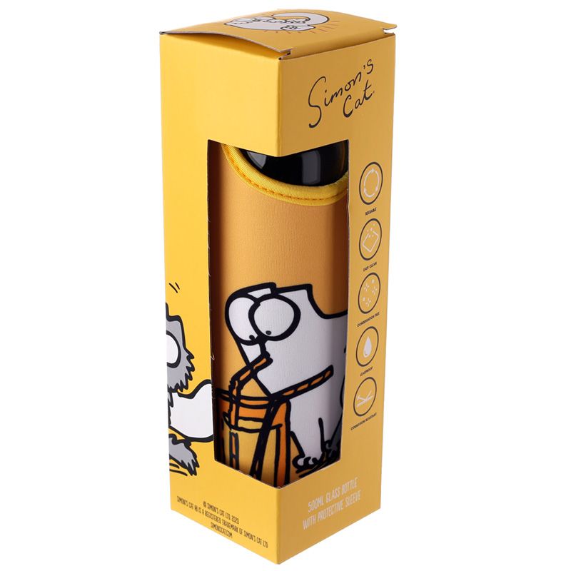 Simon’s Cat Reusable Glass Water Bottle 500ml | BPA Free with Neoprene Sleeve & Strap