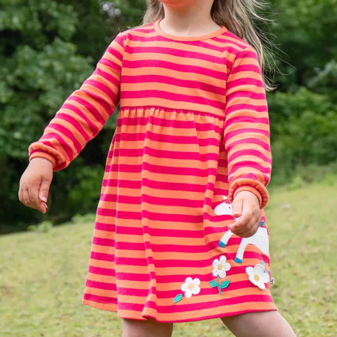 Frugi Dolcie Dress – Cantaloupe Stripe / Horse