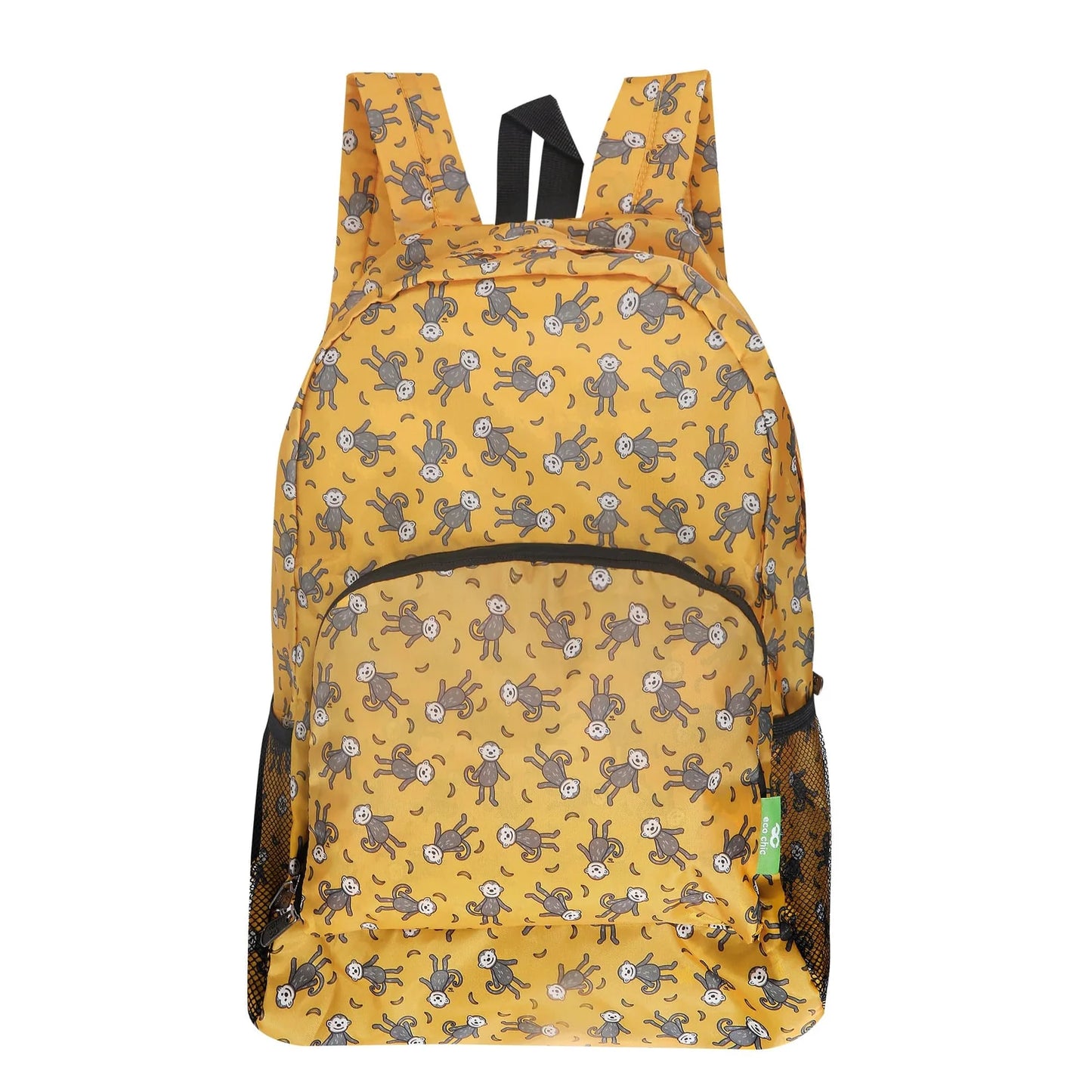 Eco Chic Foldable Backpack, Lightweight Reusable Travel Backpack, Mustard Monkeys