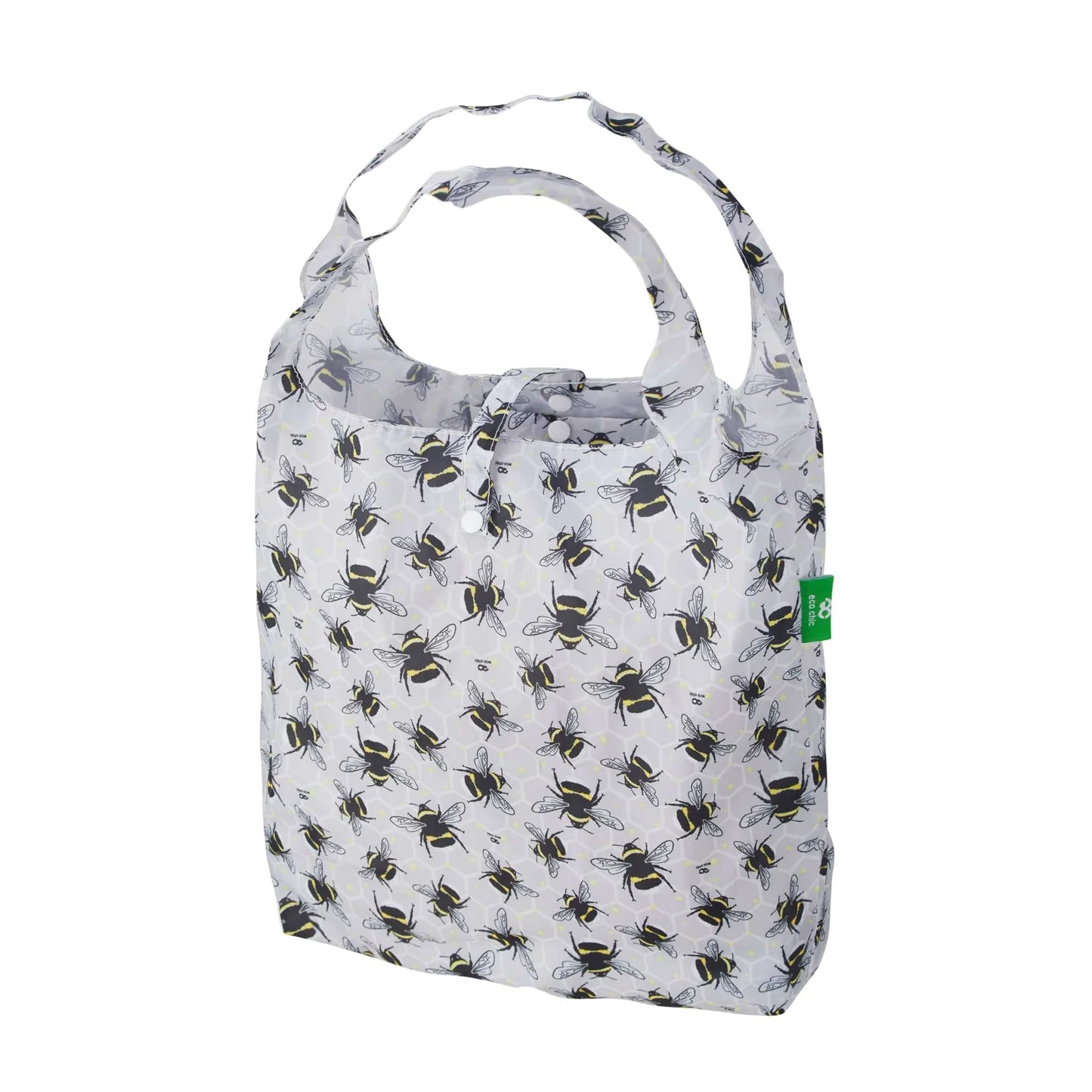 Eco Chic Grey Bees Print Foldable Reusable Shopping Bag – rPET Recycled Lightweight Bag