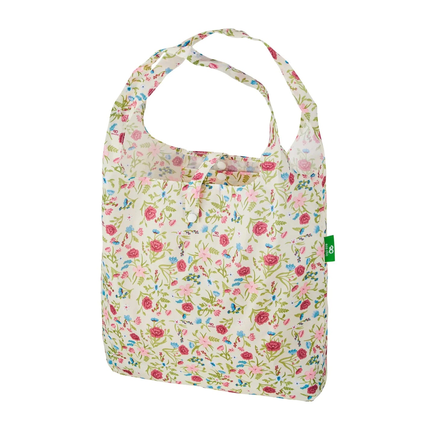 Eco Chic Beige Floral Print Foldable Reusable Shopping Bag – rPET Recycled Lightweight Bag