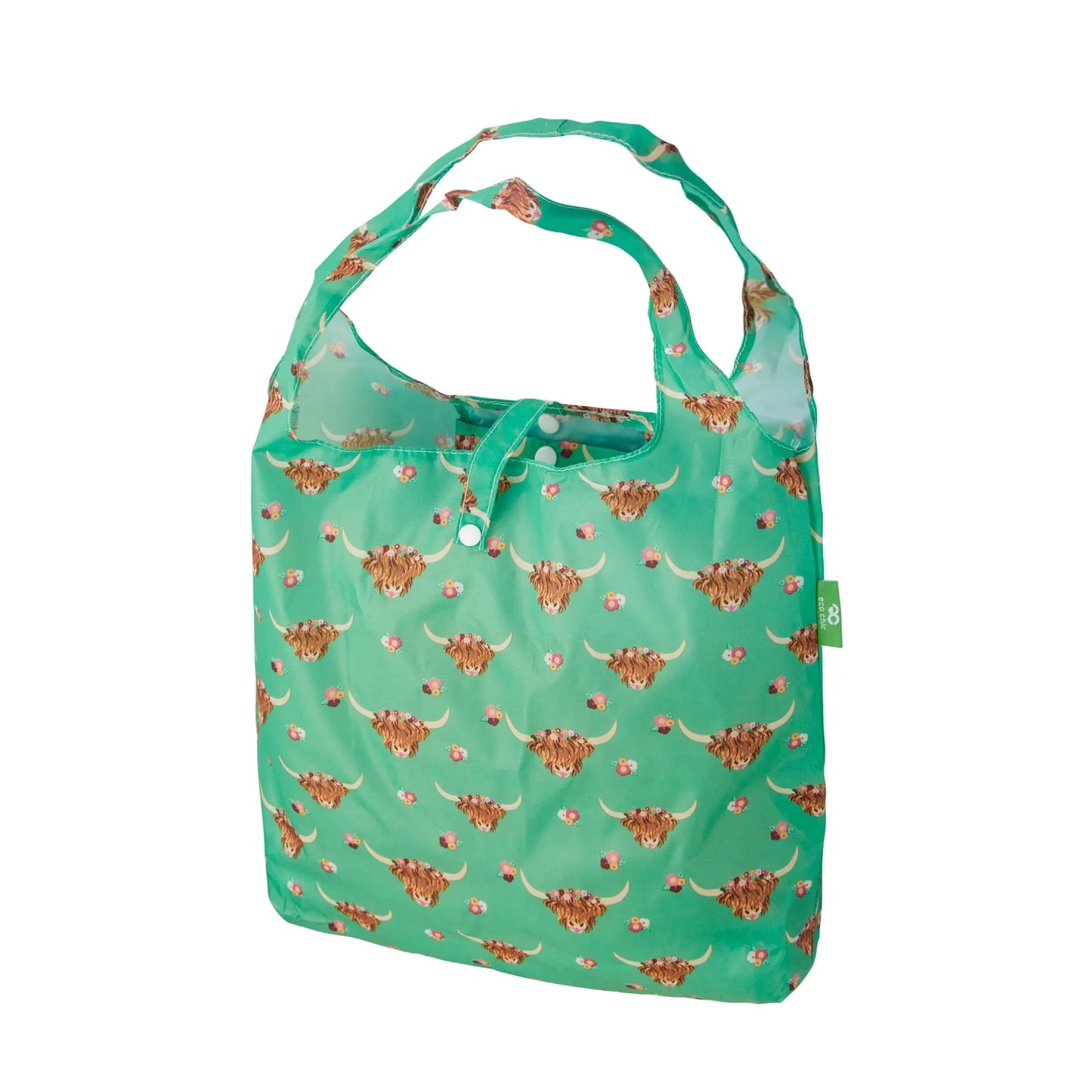 Eco Chic Green Highland Cow Print Foldable Reusable Shopping Bag – rPET Recycled Lightweight Bag
