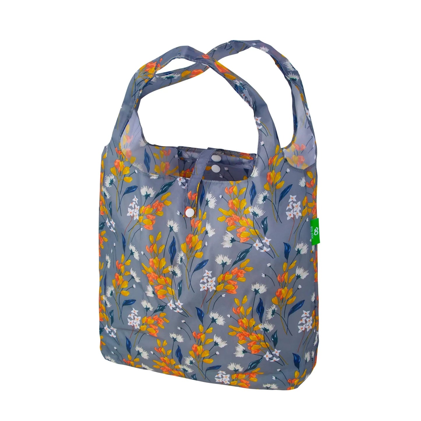 Eco Chic Flowers Grey Print Foldable Reusable Shopping Bag – rPET Recycled Lightweight Bag