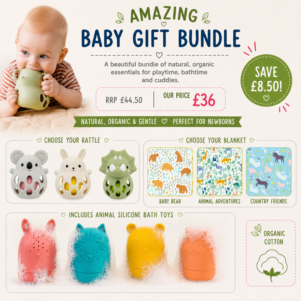 Baby gift bundle promotional graphic featuring a baby holding a green rattle, animal-themed bath toys, interchangeable rattle and blanket designs, and text offering a £36 bundle with a £8.50 savings badge.