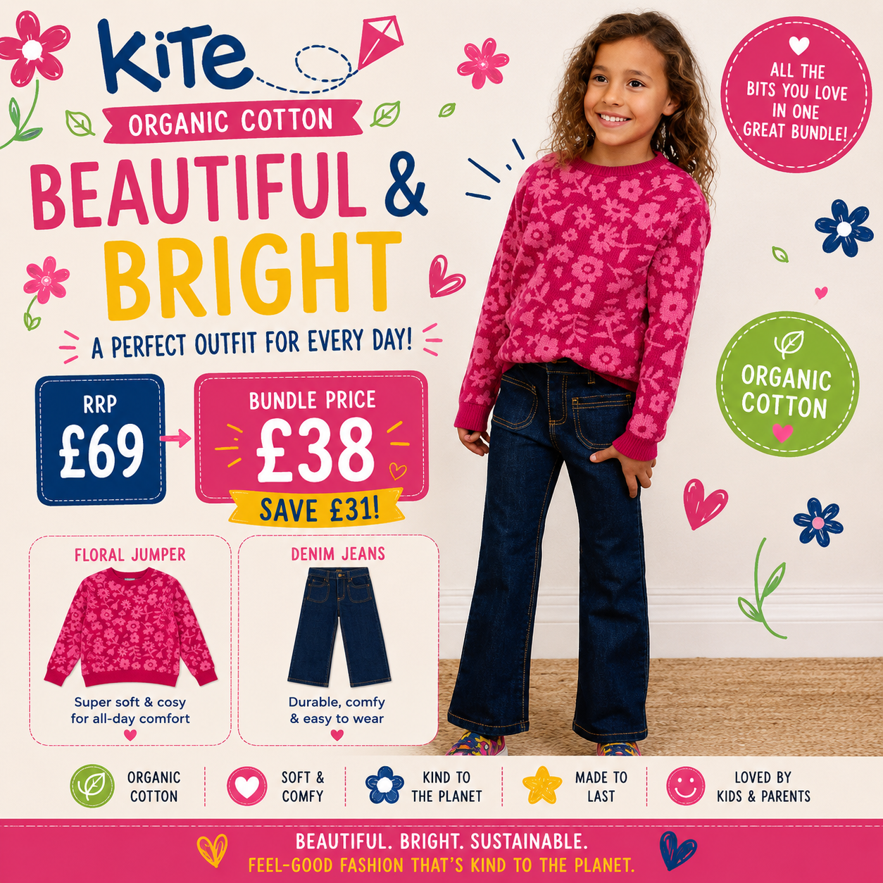 A promotional bundle flyer for a children's outfit set by Kite, featuring a young girl modeling a pink floral patterned floral jumper and dark blue denim jeans. The flyer includes product details, pricing, and marketing text on a light cream background decorated with colorful floral graphics.