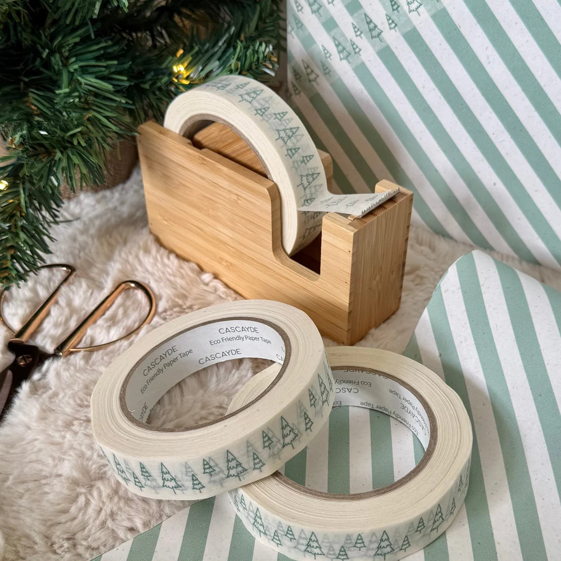 Eco-Friendly White Paper Tape – 50m, Green Fir Trees