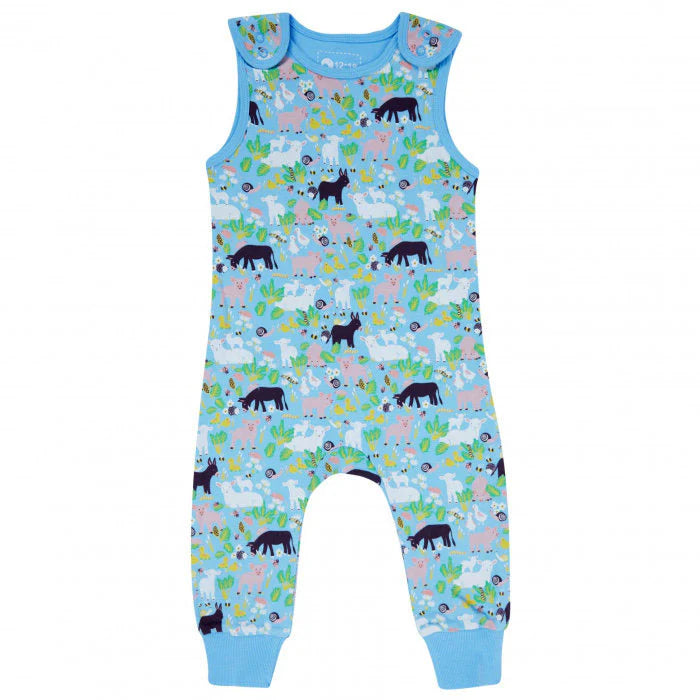 Piccalilly Country Friends Dungarees – Organic Cotton Baby Dungarees with Farm Animal Print