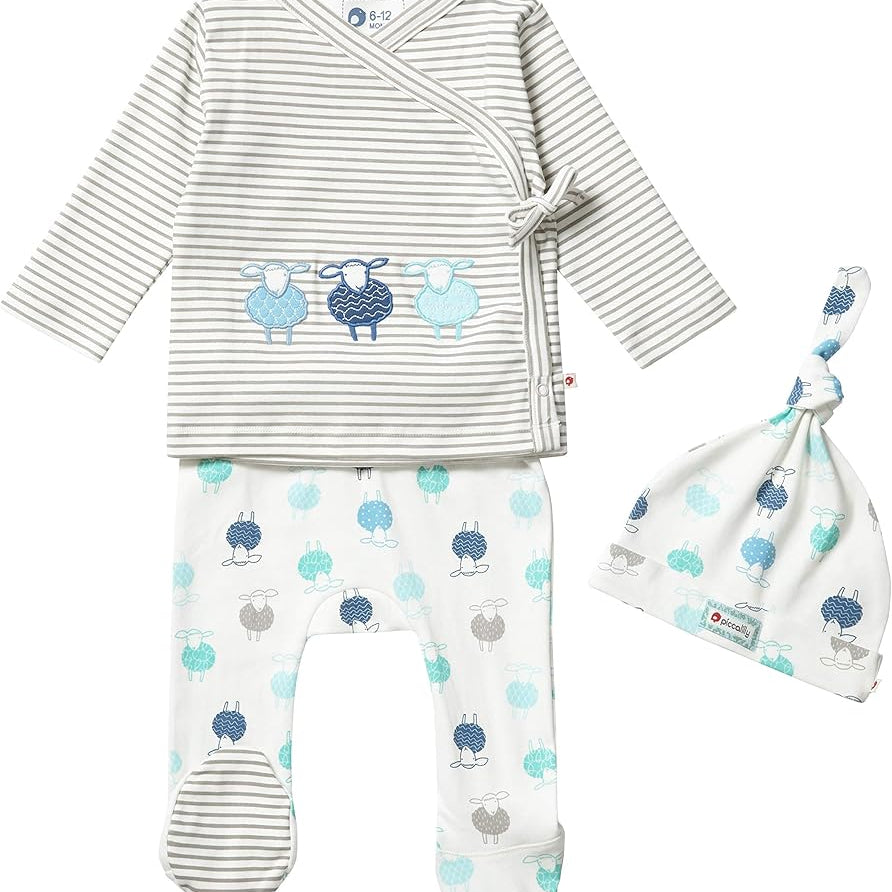 Piccalilly Sheep 3 Piece Outfit – Organic Cotton Baby Set with Top, Bottoms and Hat