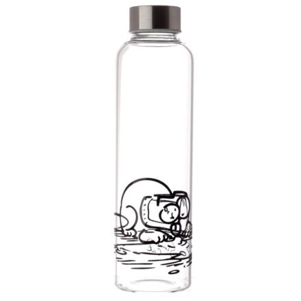 A clear glass water bottle with a dark gray screw cap, featuring a black line art illustration of a cartoon character in a diving helmet on the lower half, set against a plain white background.