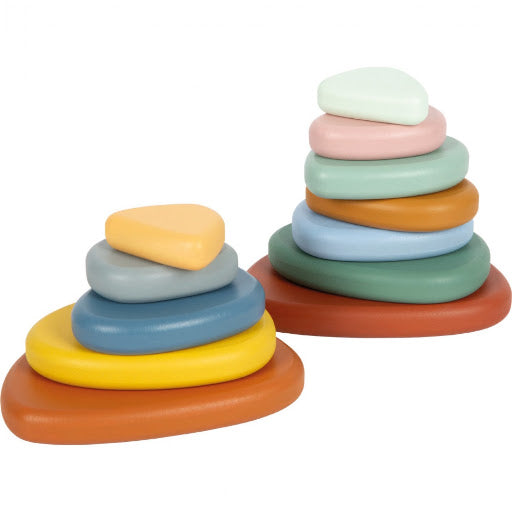 Two colorful wooden stacking rings toys on a plain white background, one smaller stack on the left and one larger stack on the right.