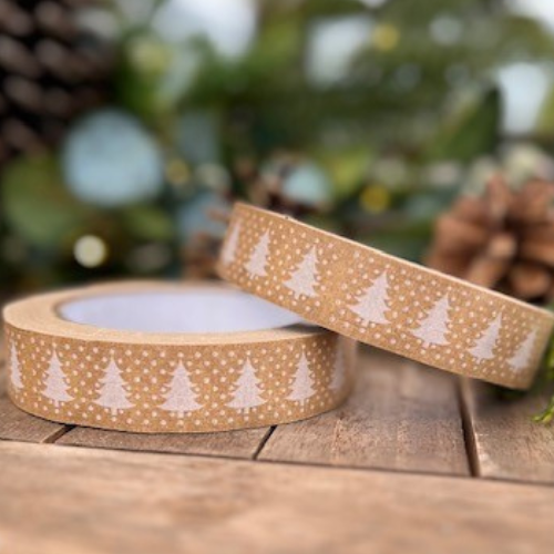 Eco-Friendly Brown Paper Tape – 50m, White Snowy Trees
