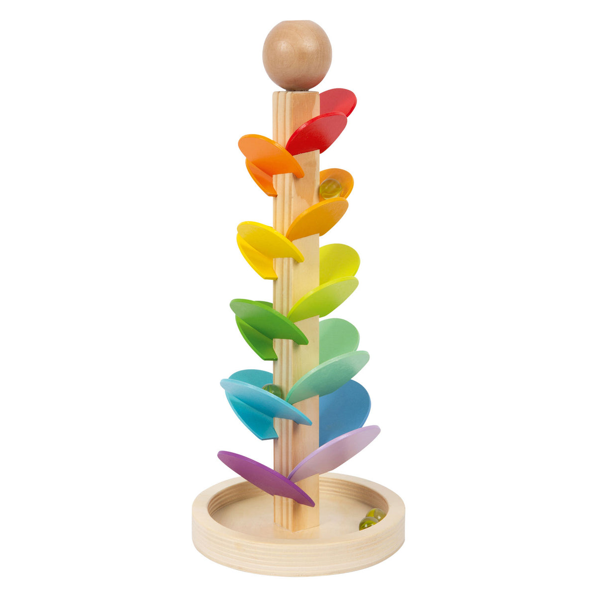 A wooden toy tower with colorful spiral ramps in rainbow colors, ending in a round wooden ball on top and sitting in a circular base, shown on a plain white background.