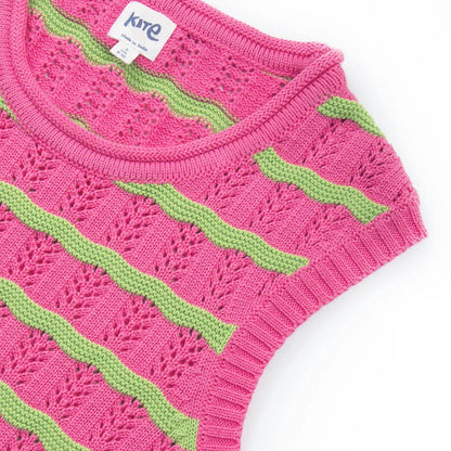 Pink knitted sweater with green stripes on a white background