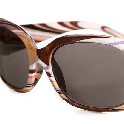 featuring a multicolor striped acetate frame with brown, pink, purple, and beige tones, paired with dark brown lenses.