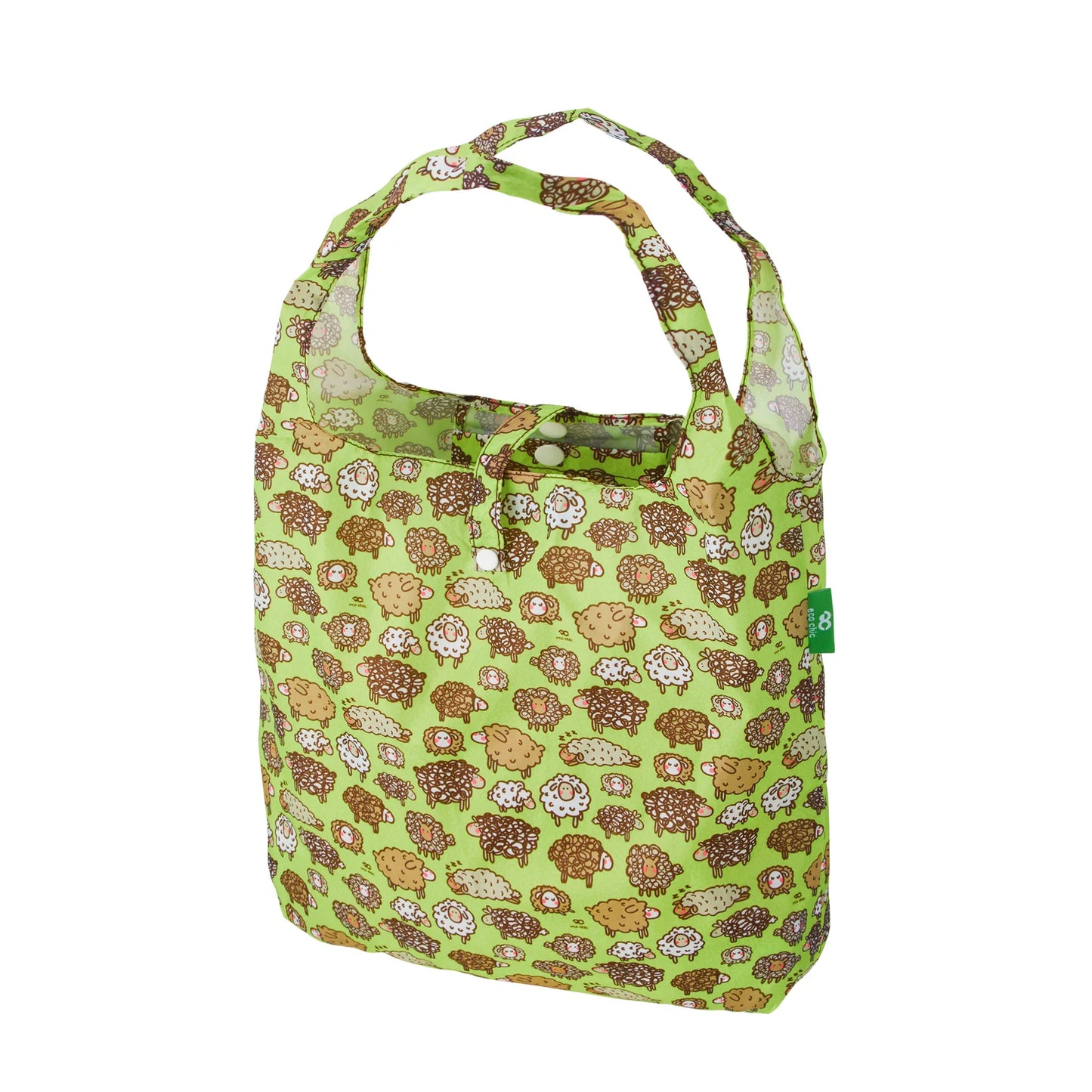 Eco Chic Green Sheep Print Foldable Reusable Shopping Bag – rPET Recycled Lightweight Bag