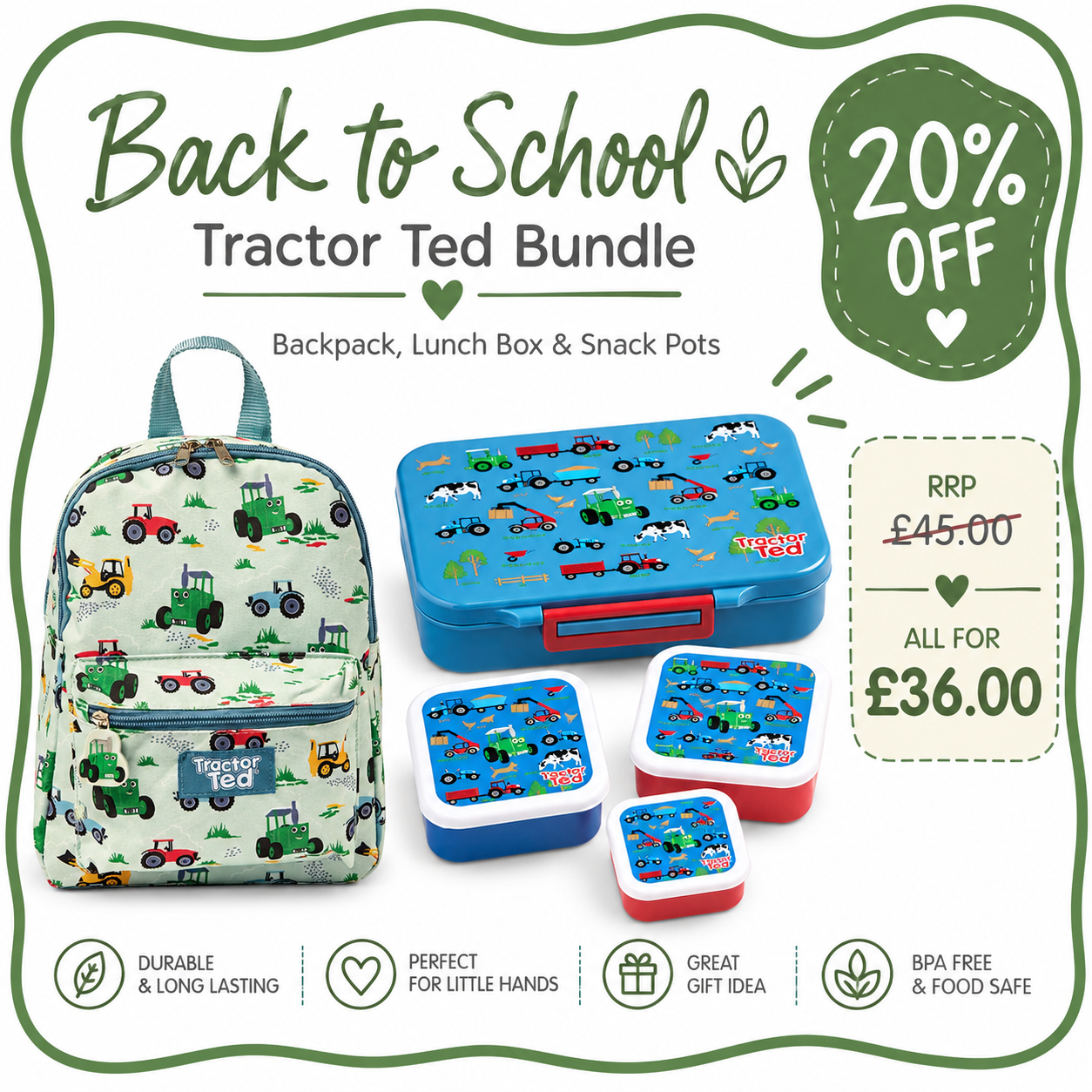 Back to School Tractor Ted Bundle featuring a small backpack, lunch box, and three snack pots with a colorful tractor pattern. The image includes promotional text, pricing, and product features on a white background with a green border.