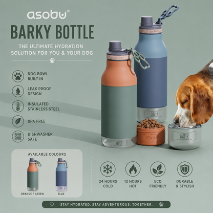 Asobu Buddy Water Bottle Dog Water Bottle with Food & Water Bowl, Pastel Blue, Barky Bottle