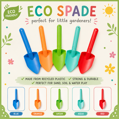 Five small plastic garden spades in bright colors are shown on a light cream background with decorative flowers and text reading 'ECO SPADE' and 'perfect for little gardeners!'. The spades come in blue, orange, green, aqua, and red, and smaller inset images at the bottom label each color.