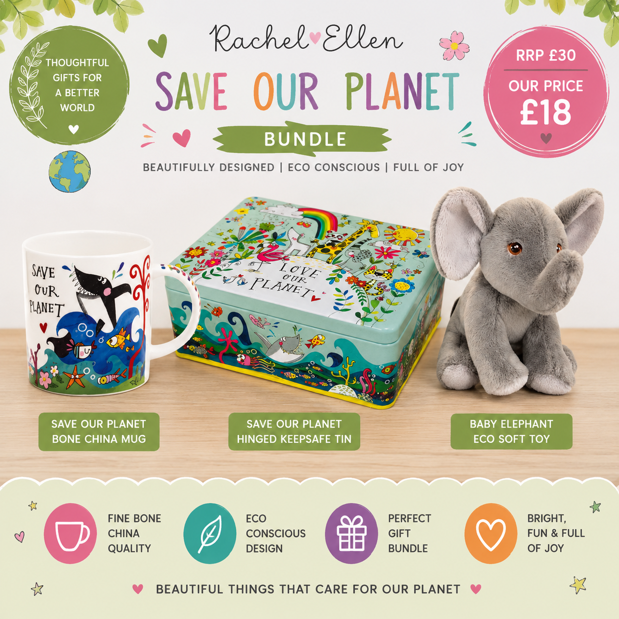 Save Our Planet Gift Bundle – Bone China Mug, Keepsake Tin & Baby Elephant Soft Toy | Save £12