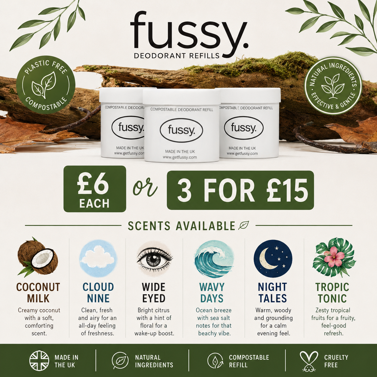 Fussy Deodorant Refills – Natural, Plastic-Free Freshness REFILL ONLY