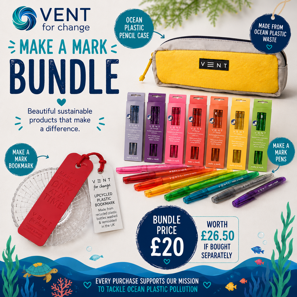 Vent For Change Make a Mark Gift Bundle – Pencil Case, Leather Bookmark & Pen Set