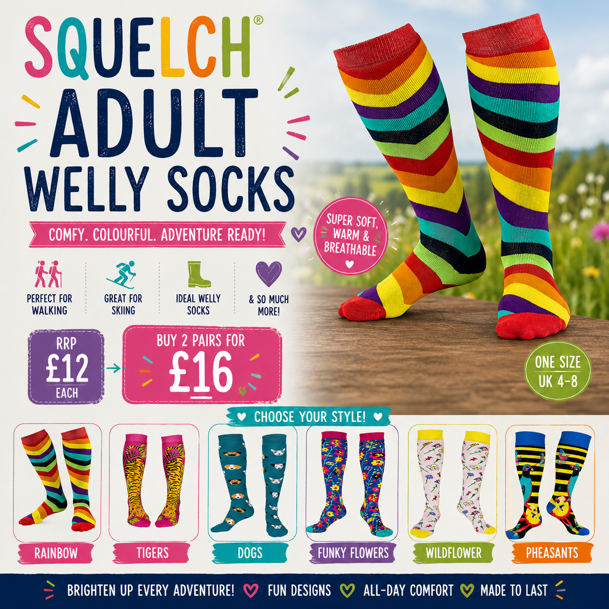Adult Welly Socks – Thick Cotton-Rich Boot Socks for Wellies, Walking & Ski Boots