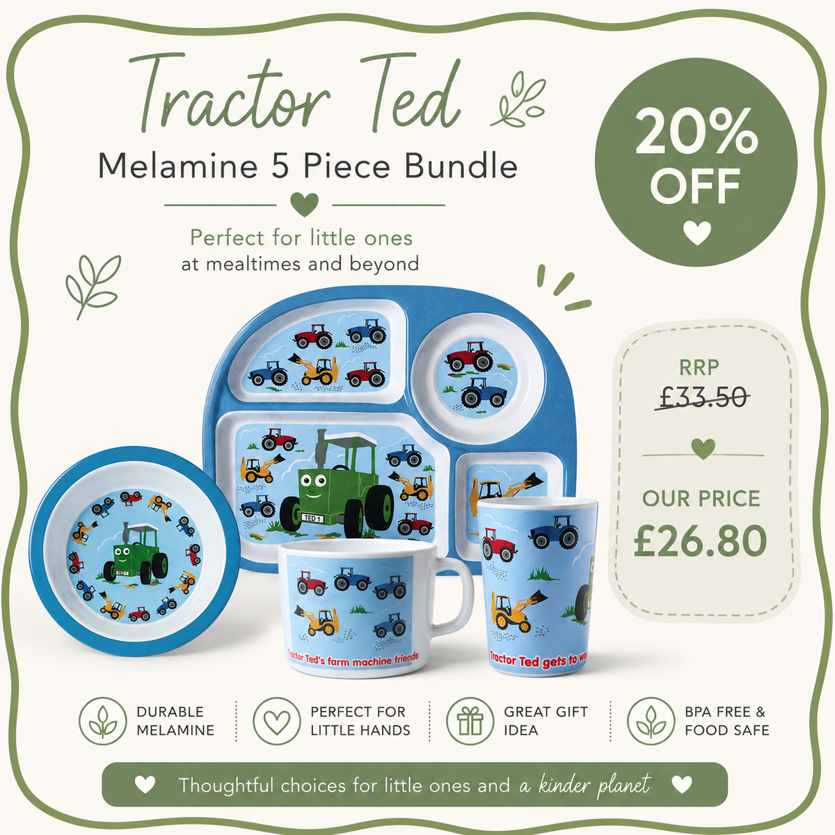 Tractor Ted Machines Melamine Mealtime Bundle – 5 Piece Children's Tableware Set – Save 20%
