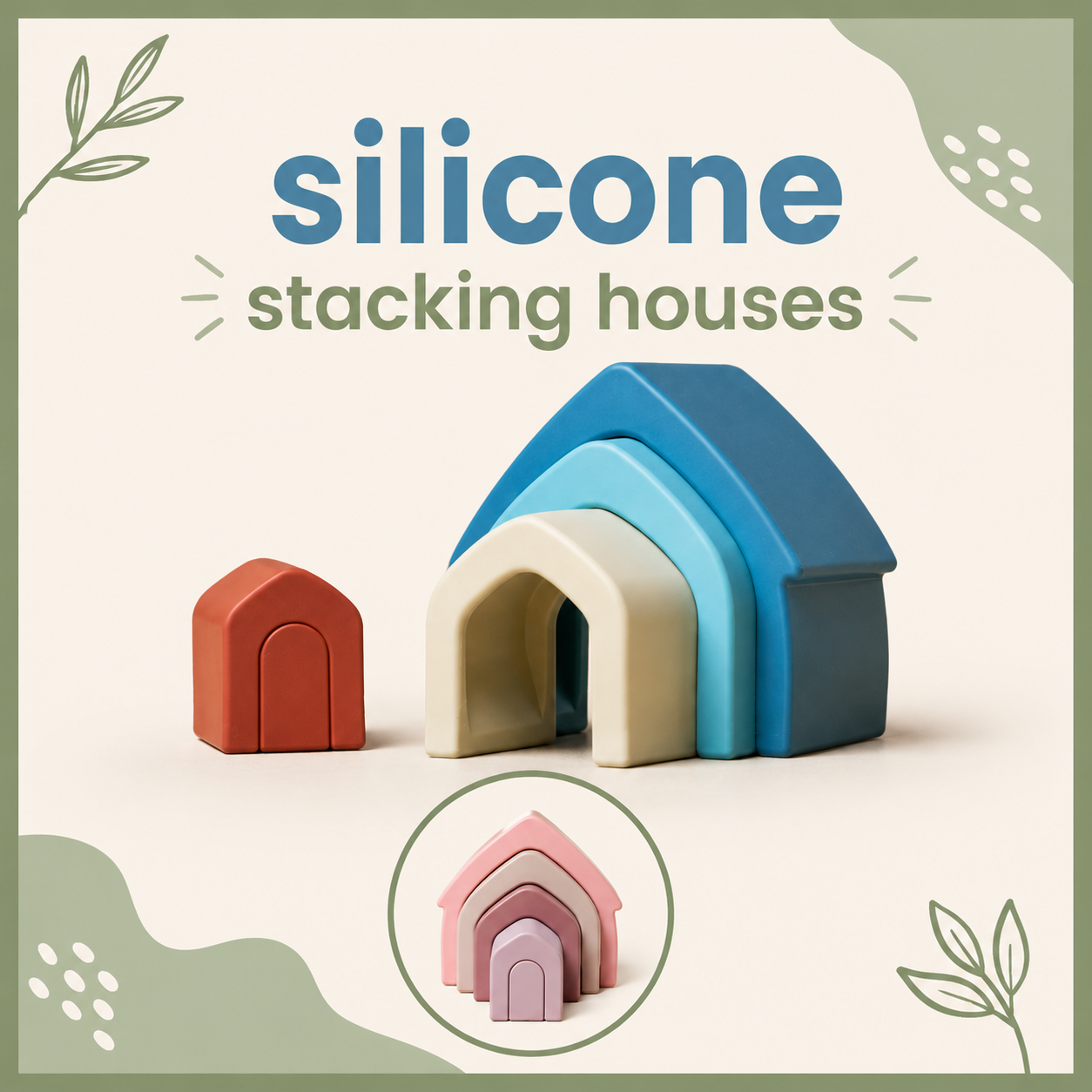 Ellor & Co Silicone Stacking Houses – Open-Ended Building Toy for Kids, Blue Or Pink Available