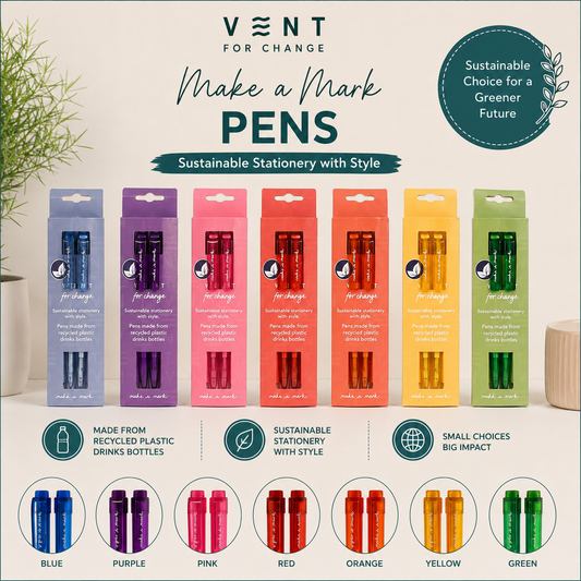 Vent For Change Recycled Pens (Pack of 2) – “Make a Mark” Eco Ballpoint Pens, Various Colours
