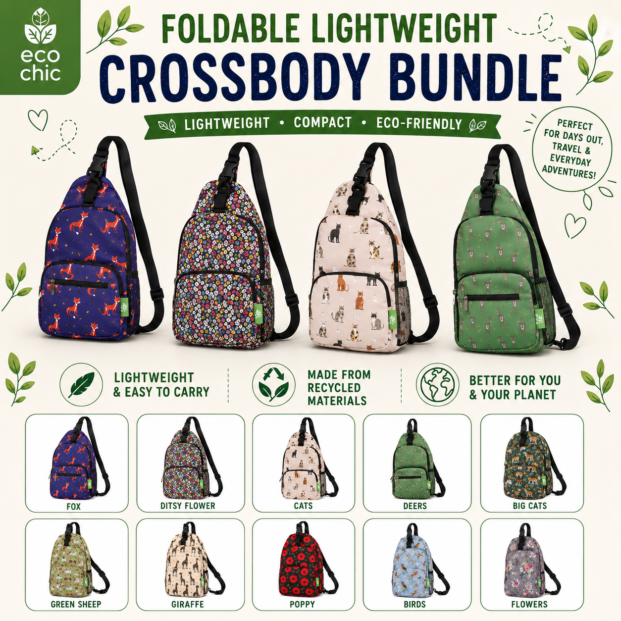 Eco Chic Foldable Crossbody Bag – Ditsy Lightweight Reusable Bag