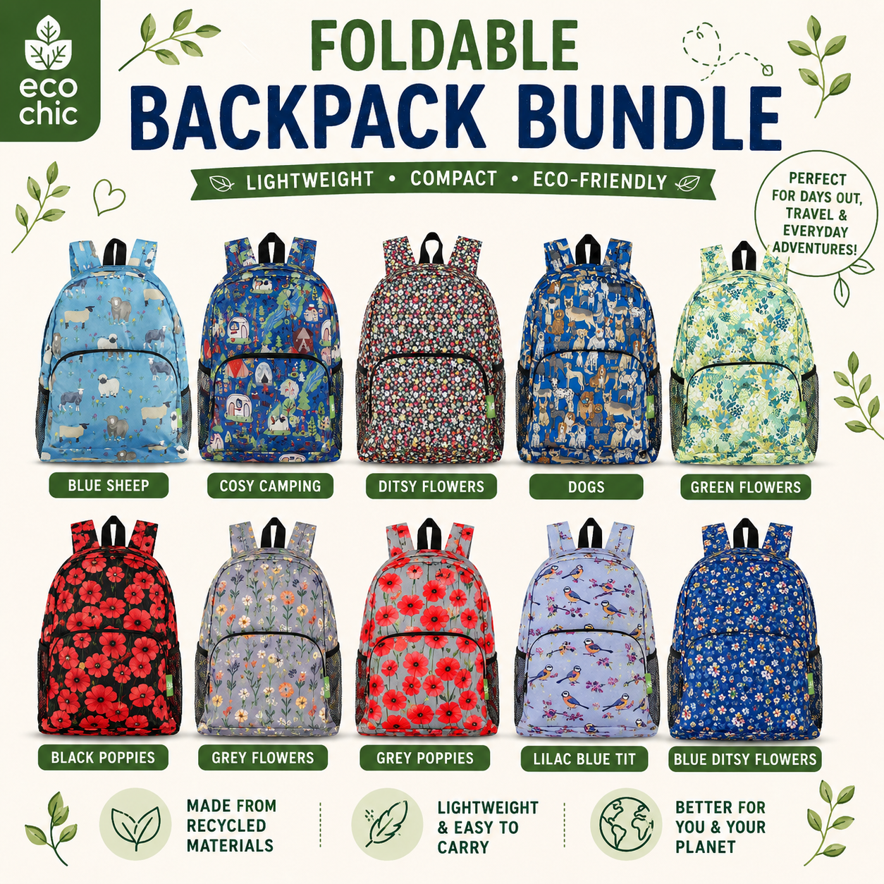 Eco Chic Foldable Backpack, Lightweight Reusable Travel Backpack