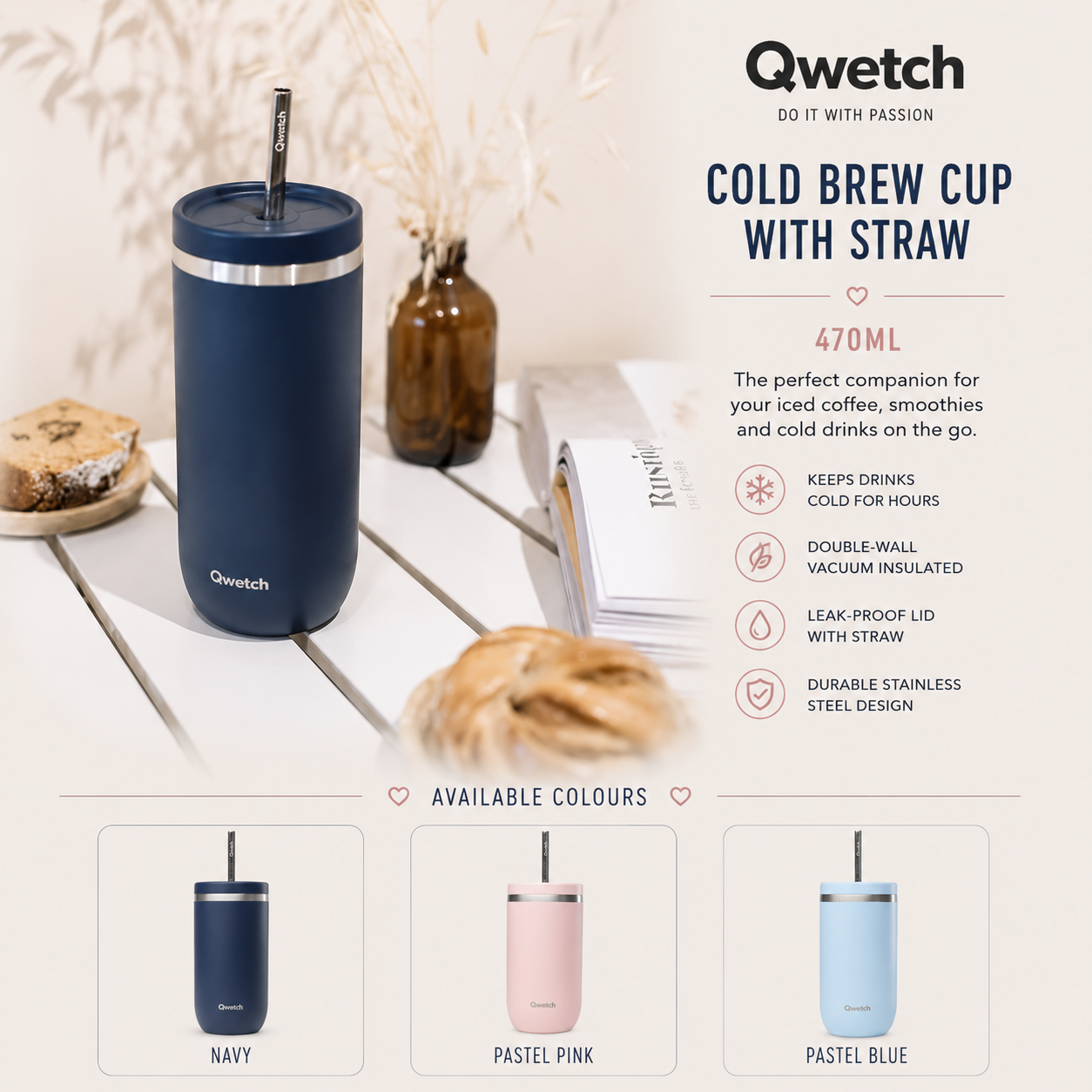 Qwetch Stainless Steel Insulated Cold Cup, 470ml