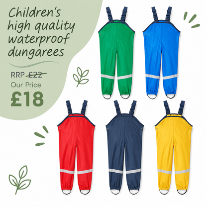 Children's Waterproof Dungarees – Kids' Outdoor Rain Trousers, Ages 2–11 Years