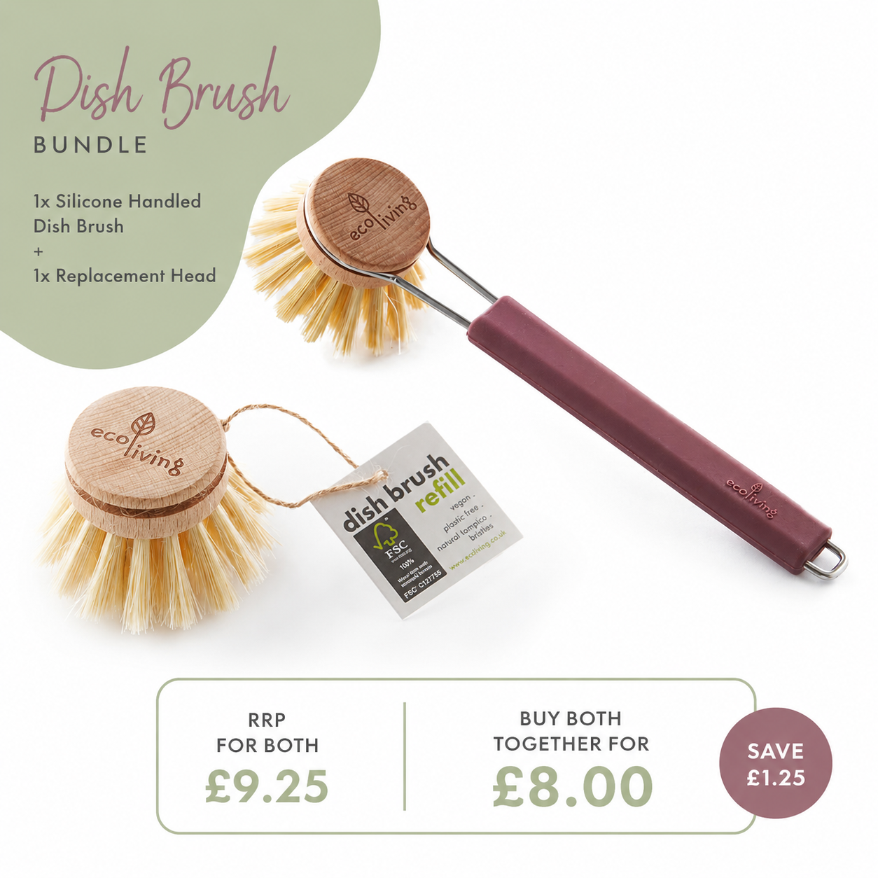 A product bundle of two ecoLiving silicone-handled dish brushes with natural wood-look round heads and dark plum handles, shown on a white background with promotional text and pricing.