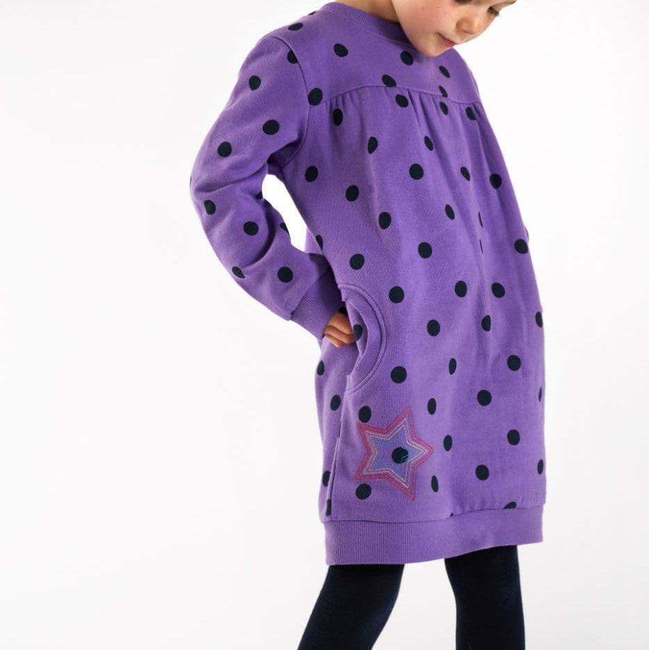Frugi Jessica Jumper Dress – Purple Polka Dot