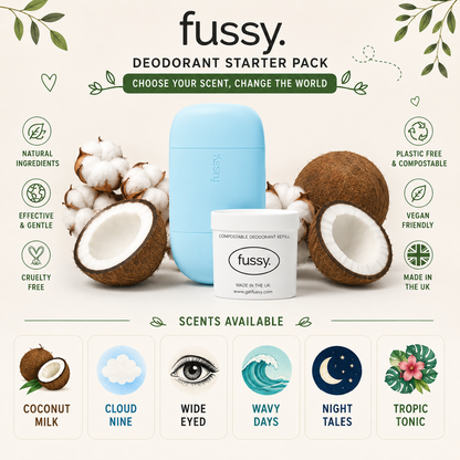 Fussy Deodorant Starter Pack advertisement featuring a light blue deodorant container, a white compostable deodorant tin, cotton bolls, and halved coconuts on a cream background with scent options shown at the bottom.