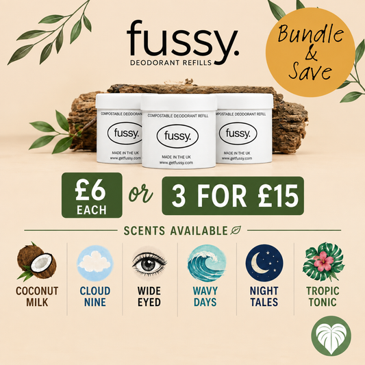 Promotional graphic for fussy. Deodorant Refills showing three white deodorant refill jars on a wood prop, with a yellow 'Bundle & Save' badge, pricing text, and six scent icons below.