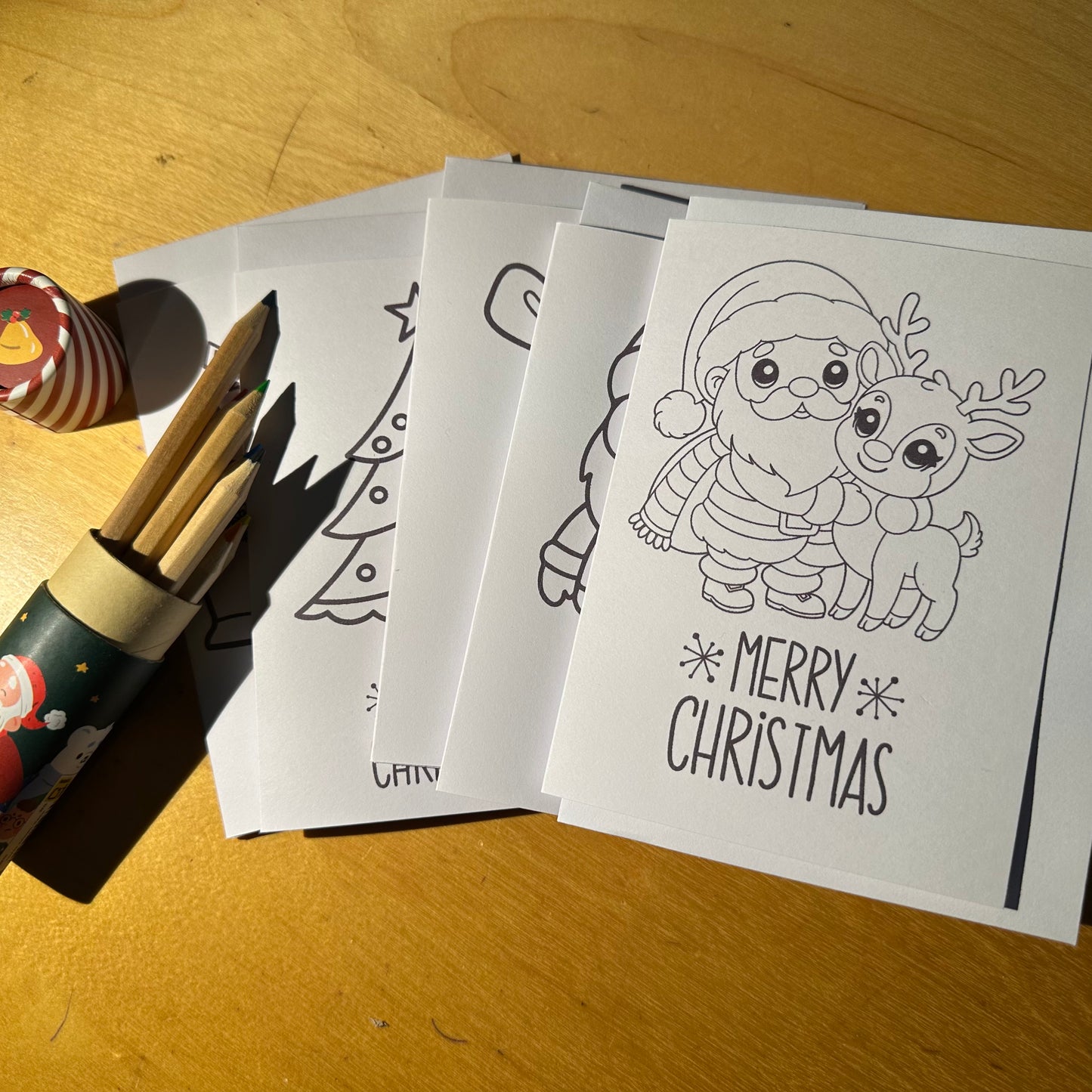 Kids Colour-In Christmas Card Set – 5 Festive Designs with Pencils & Envelopes