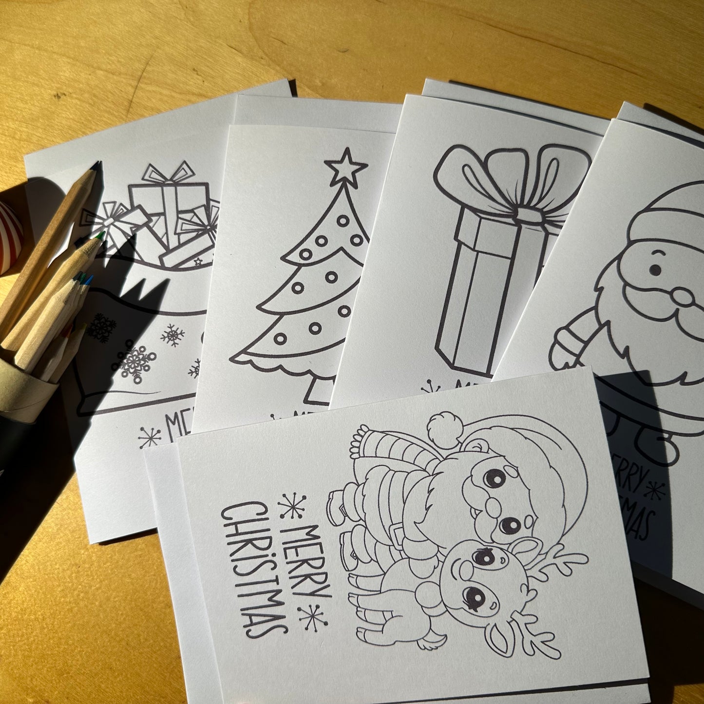 Kids Colour-In Christmas Card Set – 5 Festive Designs with Pencils & Envelopes