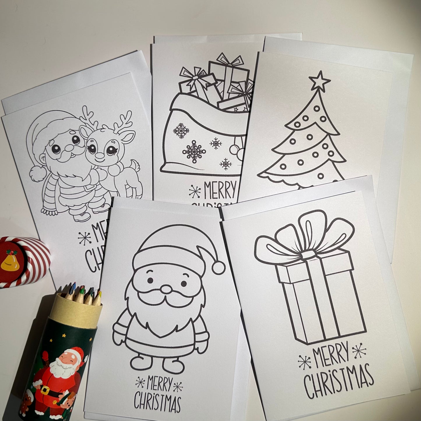 Kids Colour-In Christmas Card Set – 5 Festive Designs with Pencils & Envelopes