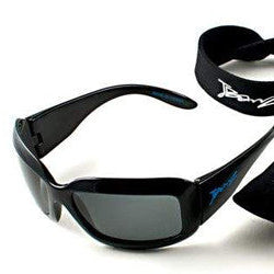 Black wrap-around sunglasses with dark lenses, shown with a black neck strap and matching black zippered case on a white background. The case and strap feature a white stylized signature logo.