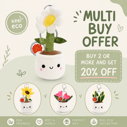 Promotional graphic for a plush potted flower keychain set, featuring a large smiling daisy in a white pot with a flower ring, plus three smaller flower options shown below. Text reads 'MULTI BUY OFFER' and 'BUY 2 OR MORE AND GET 20% OFF'.