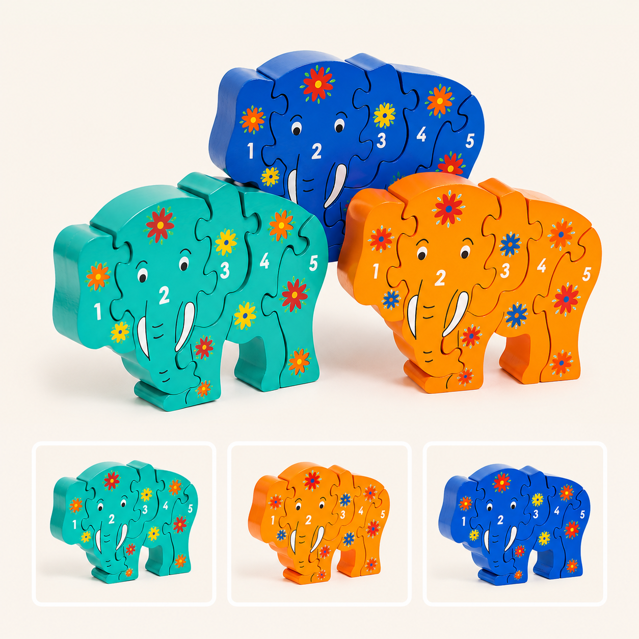 Three wooden elephant-shaped number puzzle blocks in blue, teal, and orange, each divided into numbered pieces with colorful flower patterns, shown on a light beige background with smaller inset views of the same pieces.