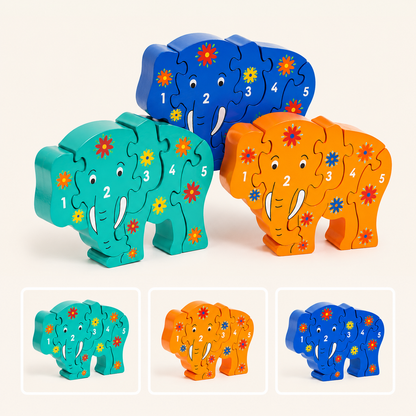 Three wooden elephant-shaped number puzzle blocks in blue, teal, and orange, each divided into numbered pieces with colorful flower patterns, shown on a light beige background with smaller inset views of the same pieces.