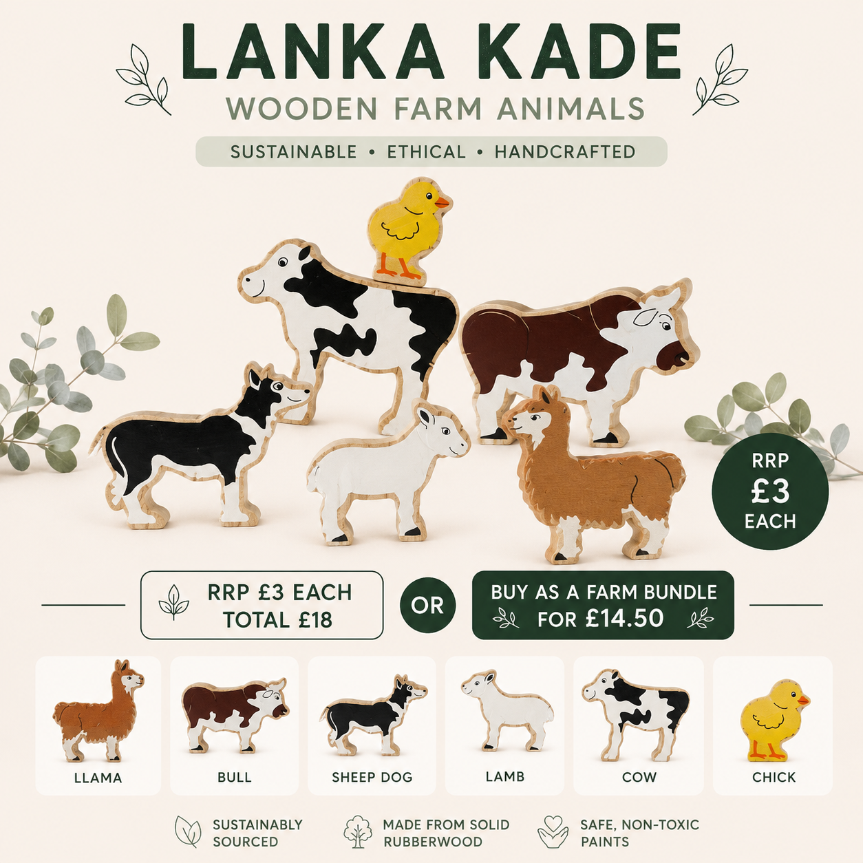 A promotional graphic for the LANKA KADE Wooden Farm Animals set, showing several handcrafted wooden animal figures including a cow, bull, sheep dog, llama, lamb, alpaca, and chick on a light cream background with decorative leaves and text detailing the bundle pricing and features.