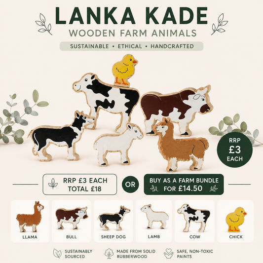 A promotional graphic for the LANKA KADE Wooden Farm Animals set, showing several handcrafted wooden animal figures including a cow, bull, sheep dog, llama, lamb, alpaca, and chick on a light cream background with decorative leaves and text detailing the bundle pricing and features.