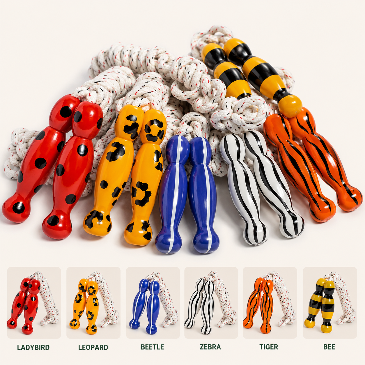 Six colorful dog tug toys with white rope handles are arranged on a light beige background, with smaller labeled thumbnails along the bottom showing the toy designs: Ladybird, Leopard, Beetle, Zebra, Tiger, and Bee.