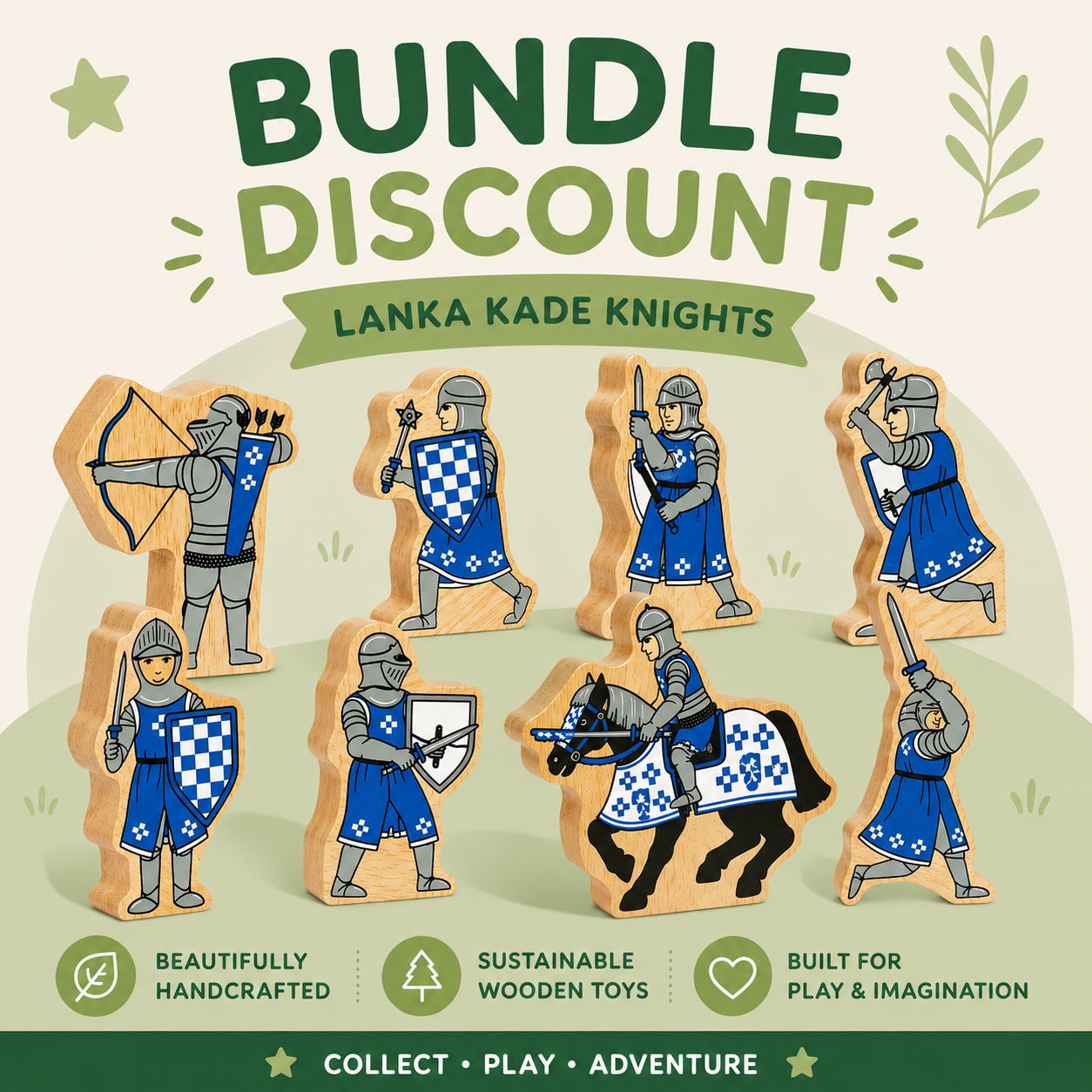 Promotional graphic for a 'Bundle Discount' of 'Lanka Kade Knights' wooden toy figures. The image shows multiple illustrated wooden knight pieces in various poses, including archer, shield, sword, and mounted knight, set against a light beige background with green decorative elements and text highlighting product features like 'Beautifully Handcrafted', 'Sustainable Wooden Toys', and 'Built for Play & Imagination'.