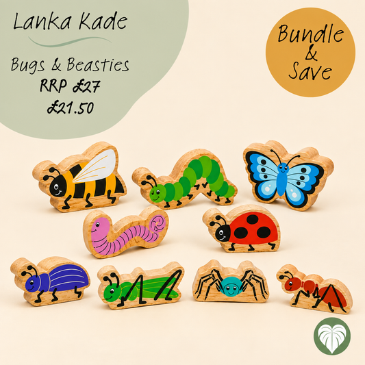 A set of wooden toy bugs and beasts including a bee, caterpillar, butterfly, pink worm, ladybug, blue beetle, grasshopper, spider, and ant, arranged on a light beige background with text overlays reading 'Lanka Kade', 'Bugs & Beasties', 'Bundle & Save', and a price of £21.50.